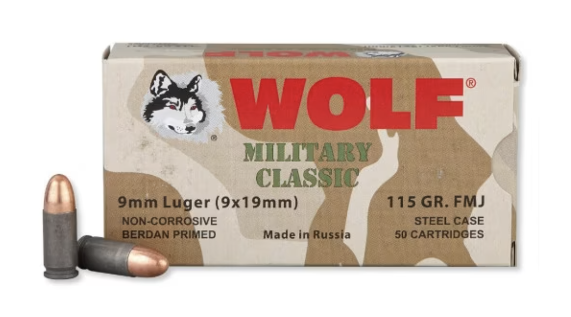 Wolf Military Classic 9mm Luger 115 Grain 50 Rounds FMJ Steel Cased Bi-Metal Jacket